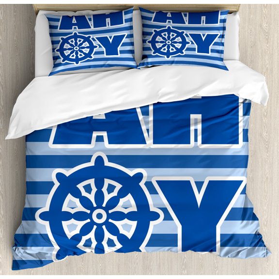 Reveal Party Duvet Cover Set, Ahoy Written with Nautical Wheel Striped Design Modern Simplistic, Decorative 3 Piece Bedding Set with 2 Pillow Shams, Calking Size, Pale Blue White Blue, by Ambesonne