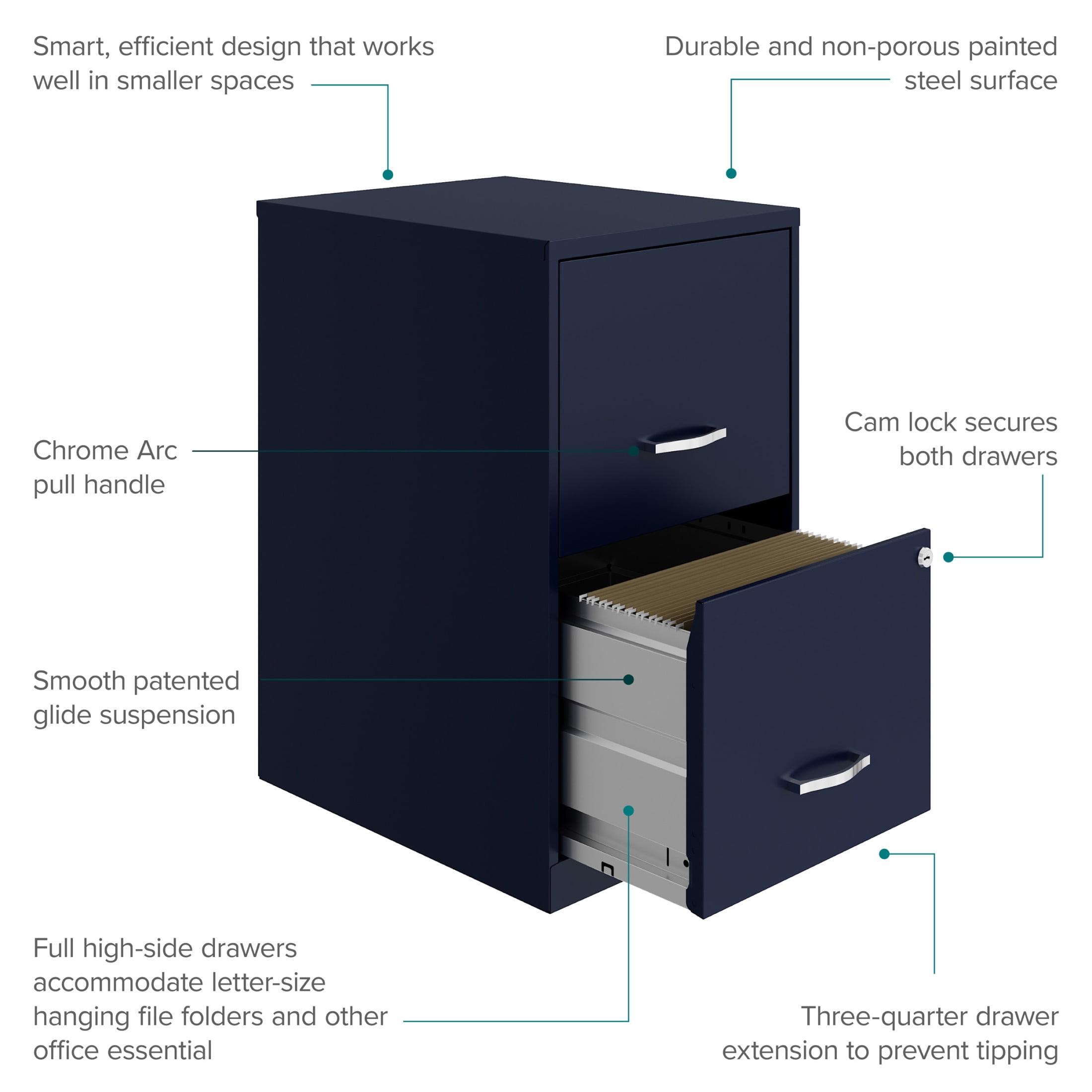 Space Solutions 18" Deep 2 Drawer Letter Width Vertical File Cabinet, Navy