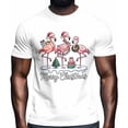 thumbnail image 2 of Camisetas para hombre, camiseta navideña de algodón con cuello redondo y flamenco, manga corta, diseño de pájaro rosa y árbol de Navidad., 2 of 8