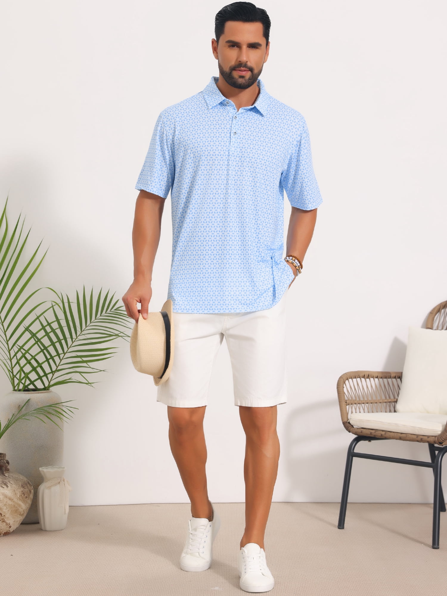 DARING DIVA Men's Printed Short Sleeve Lightweight Breathable Polo Shirts S Light Blue