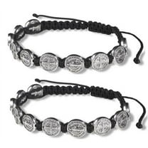 Black St. Saint Benedict Cord Rosary Bracelet (10) Silver Tone Beads (SET of 2)