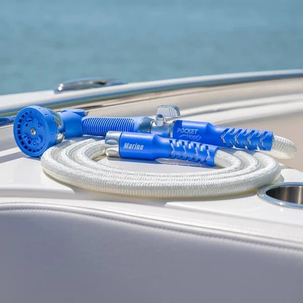 Pocket Hose Marine 3/4 in 50 ft, Medium Duty Expandable Aluminum Fittings RV Marine Hose, White