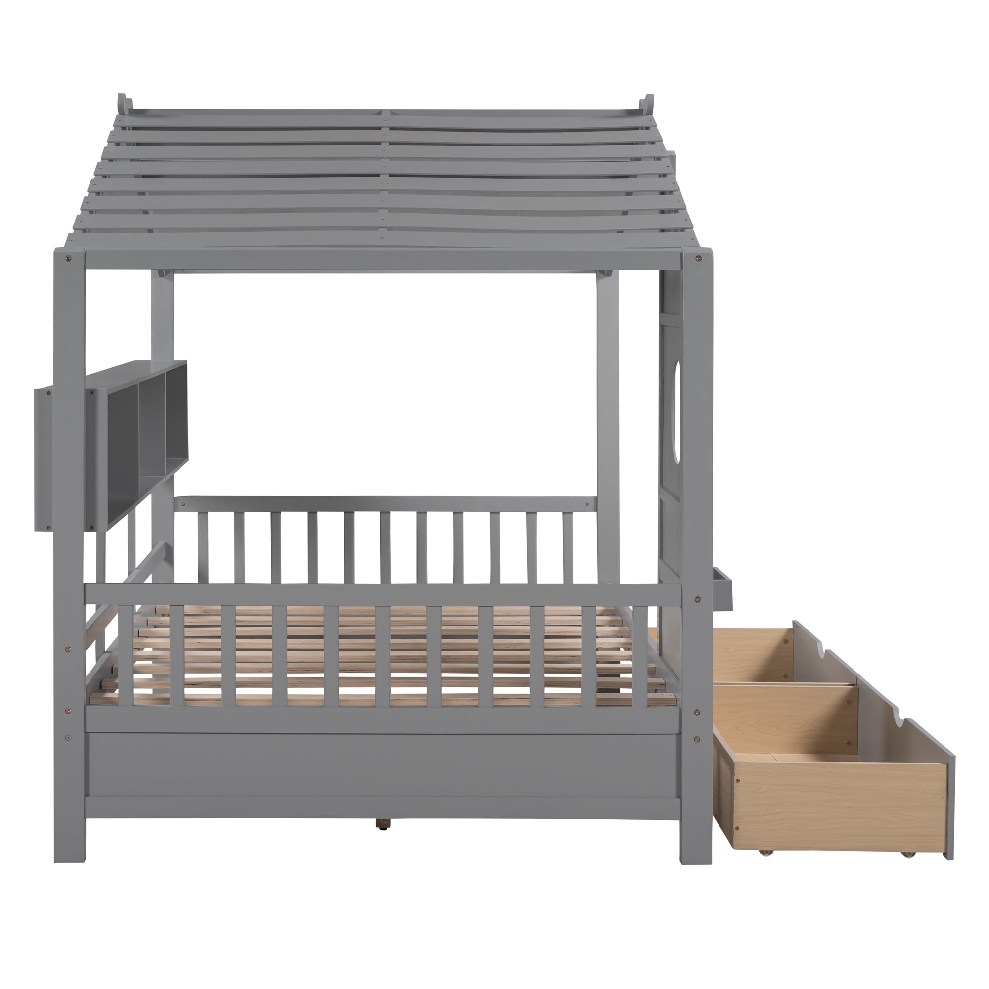 Bellemave House Bed with 2 Drawers and Storage Shelves, Wood Full Size  Montessori Bed Frame with Roof and Window, Playhouse Bed for Bedroom (Gray)