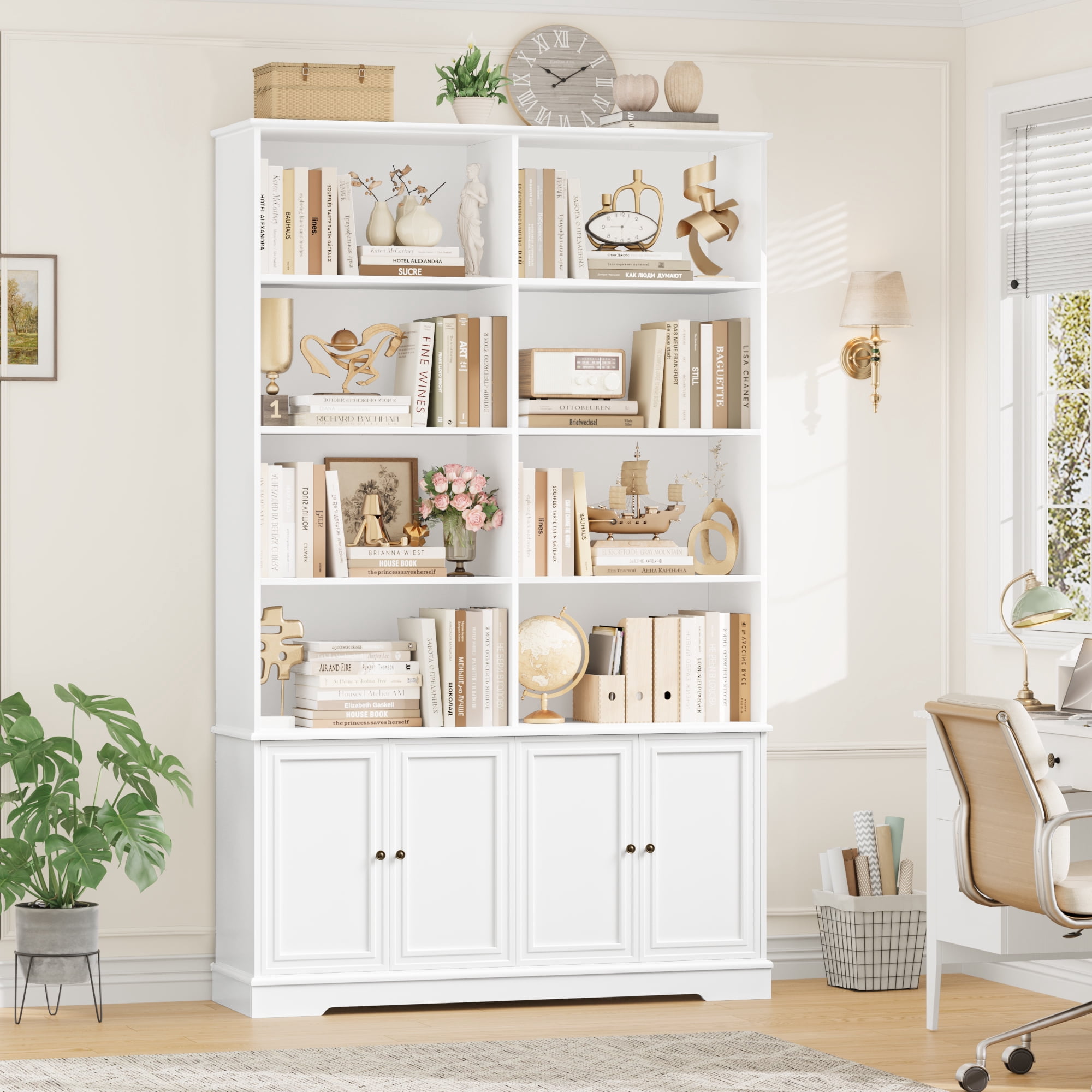 Homfa 73'' Tall Bookcase, 6-Tier 8 Cubes Display Bookshelf, 4 Doors Double Row Bookcase for Living Room Home Office, White