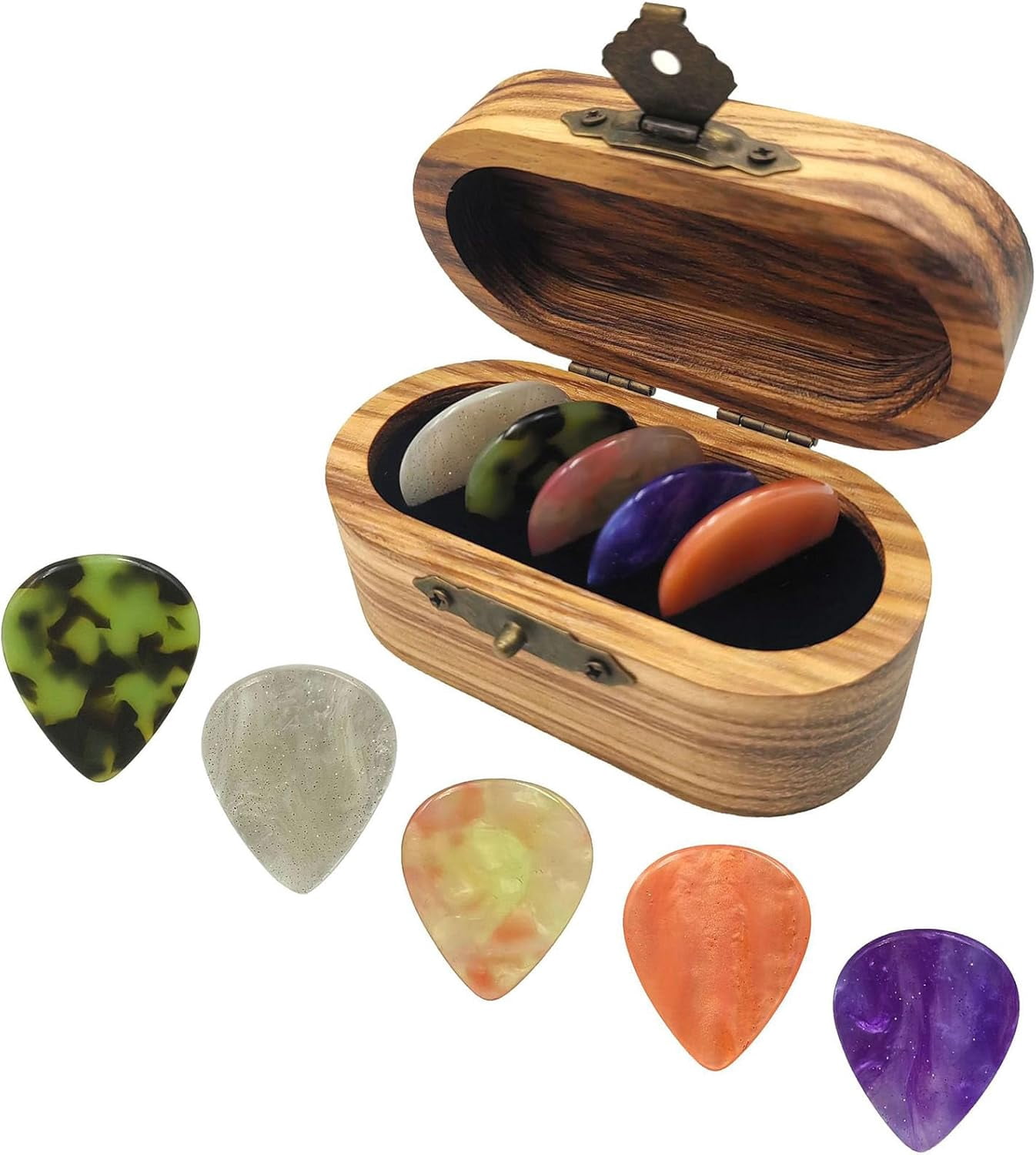 Wooden Guitar Pick Case Set with 5 Picks, Resin & Wood Portable Pick Holder Box for Acoustic Electric Bass, Musical Gifts for Guitarists