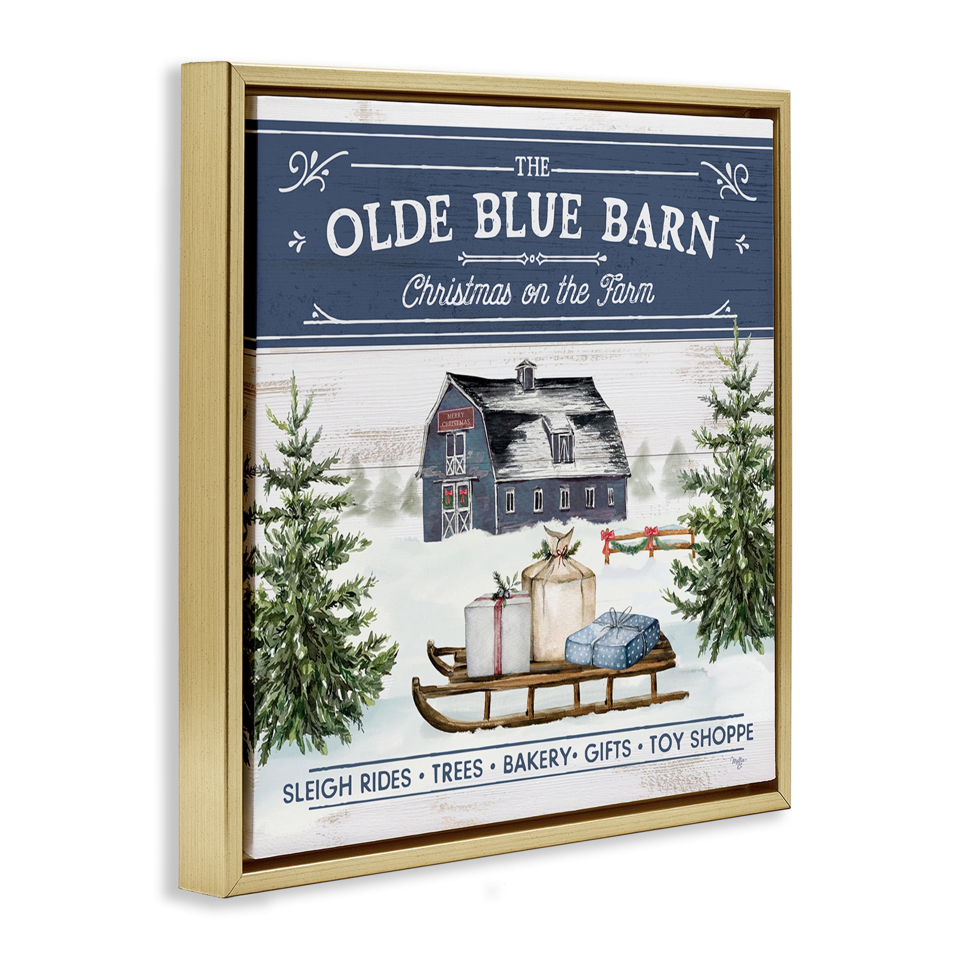 Stupell Industries Christmas on Farm Phrase Holiday Painting Gold Floater Framed Canvas Art Print Wall Art, 25 x 25