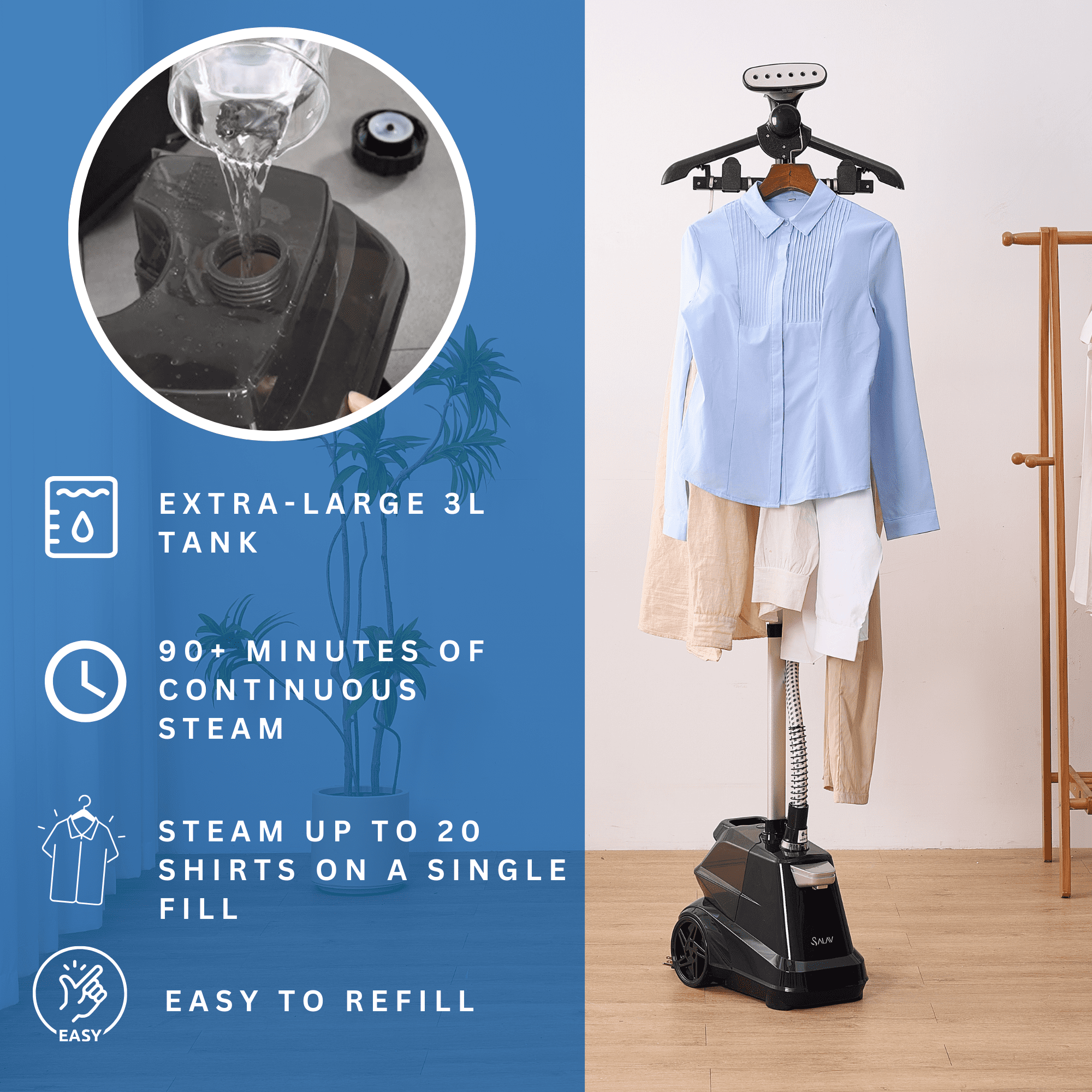 SALAV X3 Commercial-Grade Smart Auto Shut off Garment Steamer with Foot Pedals and Extra Large 3L Water Tank, Navy