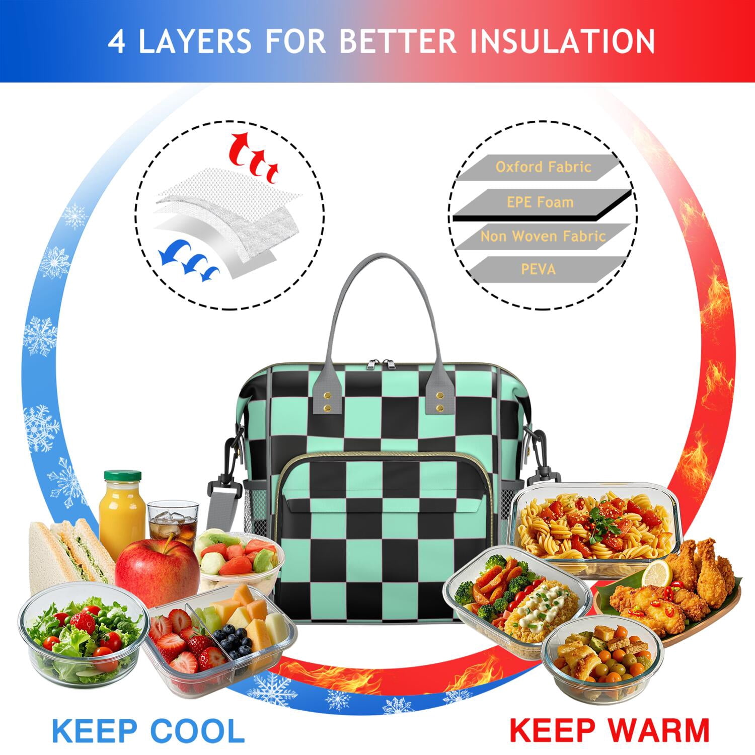 Colorful Checkered Leakproof Lunch Box - Large Insulated Cooler Bag with Multi-Pocket for School, Office & Travel