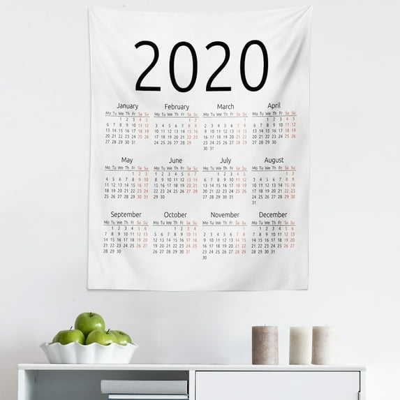 Calendar 2020 Tapestry, Simplistic Design All 12 Months Days of the Year Annual Theme, Fabric Wall Hanging Decor for Bedroom Living Room Dorm, 5 Sizes, Black White and Dark Pink, by Ambesonne