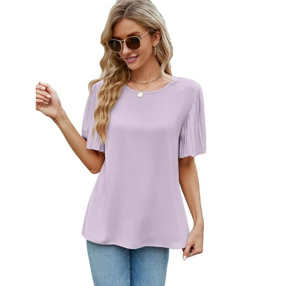 Womens Tops 2025 Fashion Bell Sleeve Casual T Shirts Summer Crewneck Basic Tee Cute Blouses Purple XL