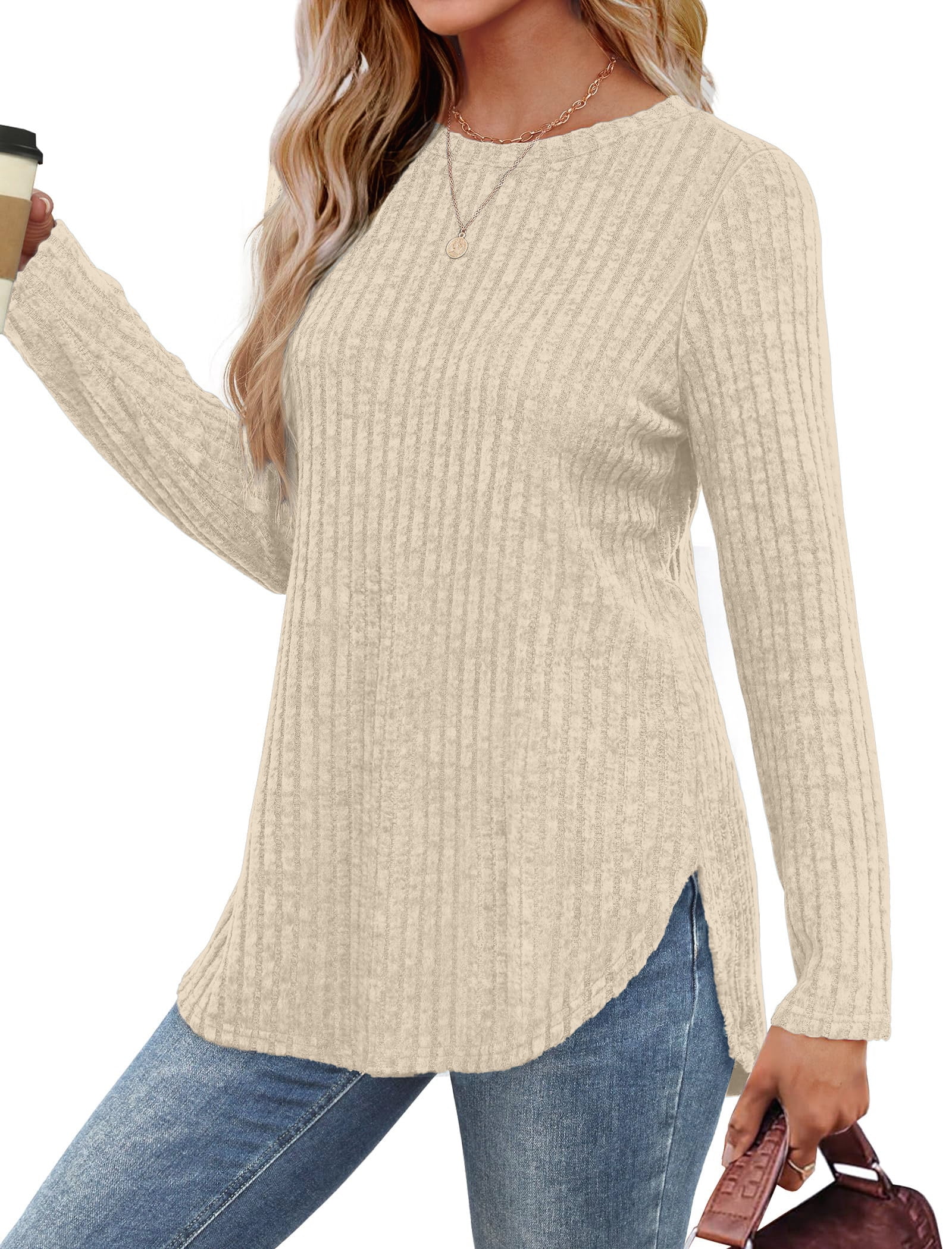 Fantaslook Long Sleeve Shirts for Women Casual Tunic Tops Dressy Crew Neck Pullover Fall Lightweight Sweaters for Women