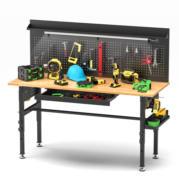 NIGSQJB 60″ Workbench with Drawers ,Solid Wood Top, 2000 lbs Capacity, Adjustable Height Garage Work Table with Pegboard, Power Outlet, LED Light, Wheels or Leveling Feet, Black