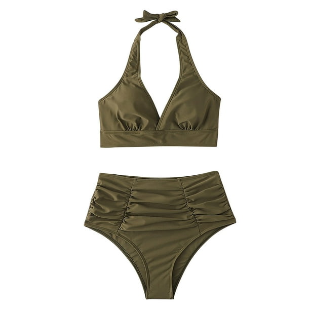 Mujer cómodo con almohadilla en el pecho sin aros sólido fruncido cuello halter Bikini Split traje de baño OAVQHLG3B Store lin121212