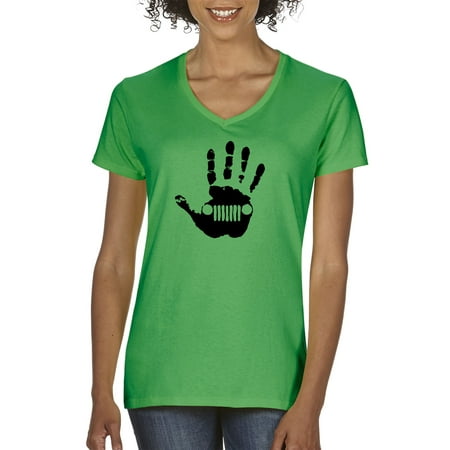 - New Way 772 - Women's V-Neck T-Shirt Jeep Handprint Wave Grille Wrangler Cherokee Large Kelly Green