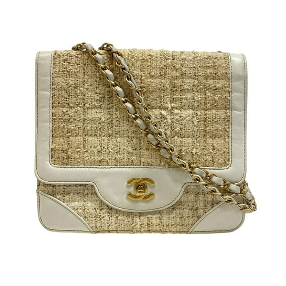 Pre-Owned CHANEL Double Chain Shoulder Coco Mark Tweed Bag Women's White Z0013063 (Fair)