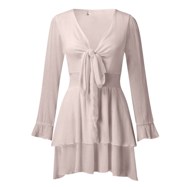 Robes pour Femmes Nœud devant Col en V Volants Manches Longues Imprimé Floral Robe Mini Femme A TG
