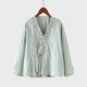 thumbnail image 4 of Tops de Manga Corta de las Mujeres Bordado Casual Cuello en V Botón de Color Sólido para Primavera Verano, Mezcla de Poliéster Estilo de Lino para el Uso Diario, 4 of 6