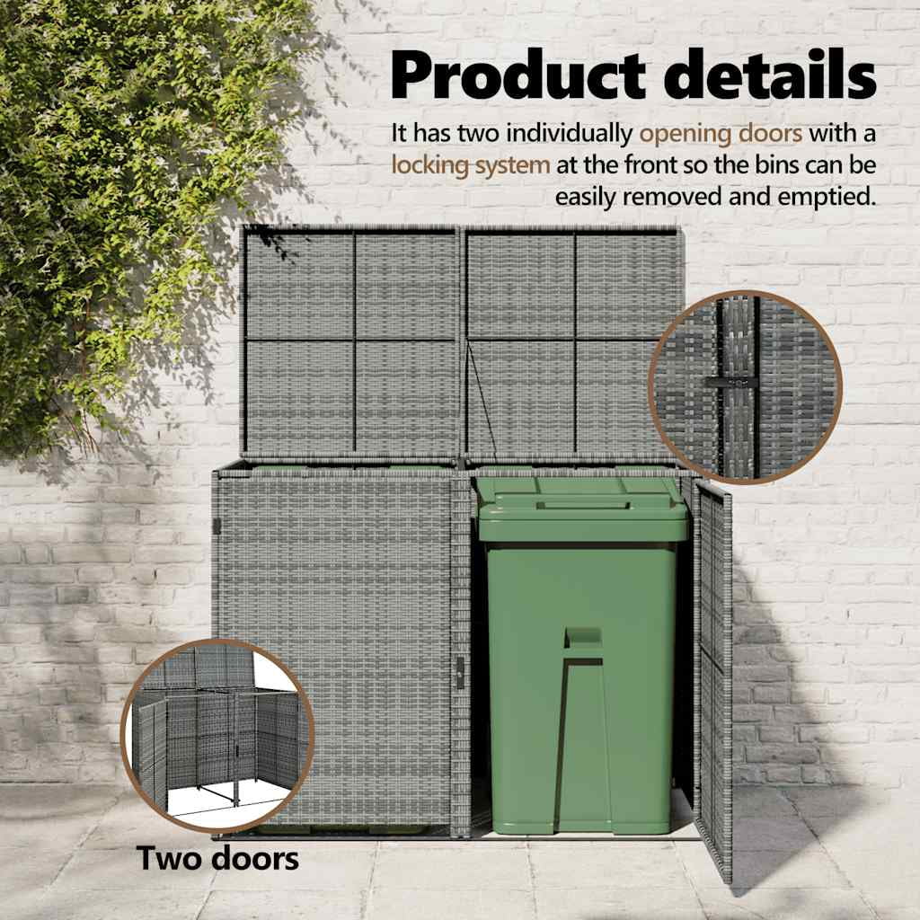 vidaXL Double Wheelie Bin Shed with Lid, Weather-Resistant, Poly Rattan 30.3"x58.3"x43.7" Gray