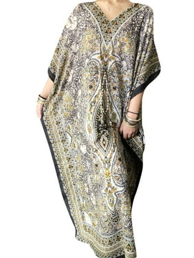 Mogul Women Maxi Dress Caftan, Grey Black Paisley Printed Kaftan Dresses,Loose Bohemian Dress, Beach Cover up, Summer Dresses XL