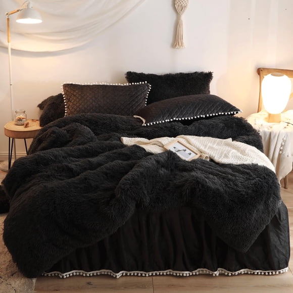 Juego de fundas de edredón HAIHUA Black Fluffy Twin con fundas de almohada