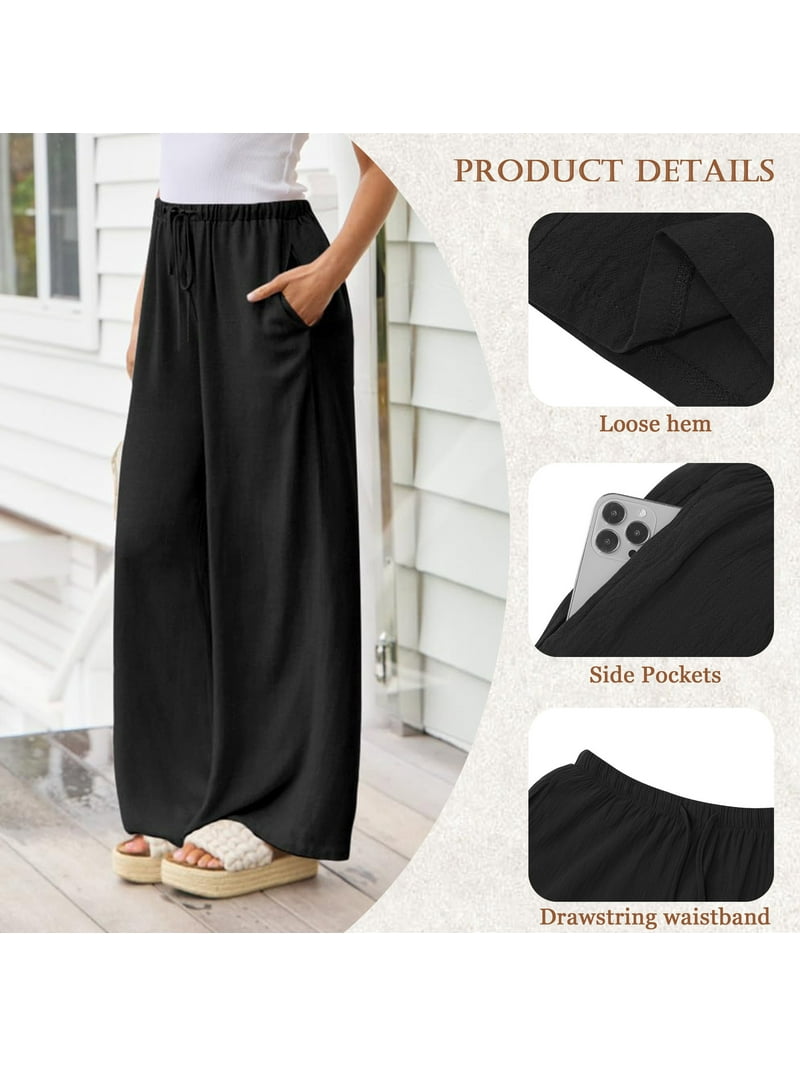 Temofon Women's Plus Size Wide Leg Linen Pants, Black Summer