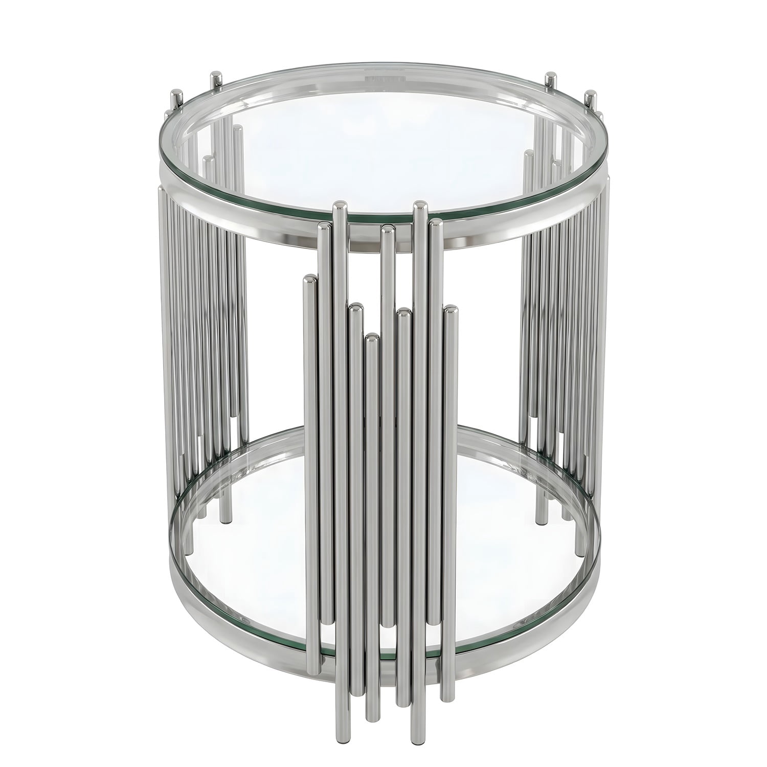 Hommoo 19.7 Inch Round 2-Tier Glass End Table, Stainless Steel Base with Clear Tempered Glass, Modern Luxury Side Table for Living Room, Bedroom & Home Office, Sliver