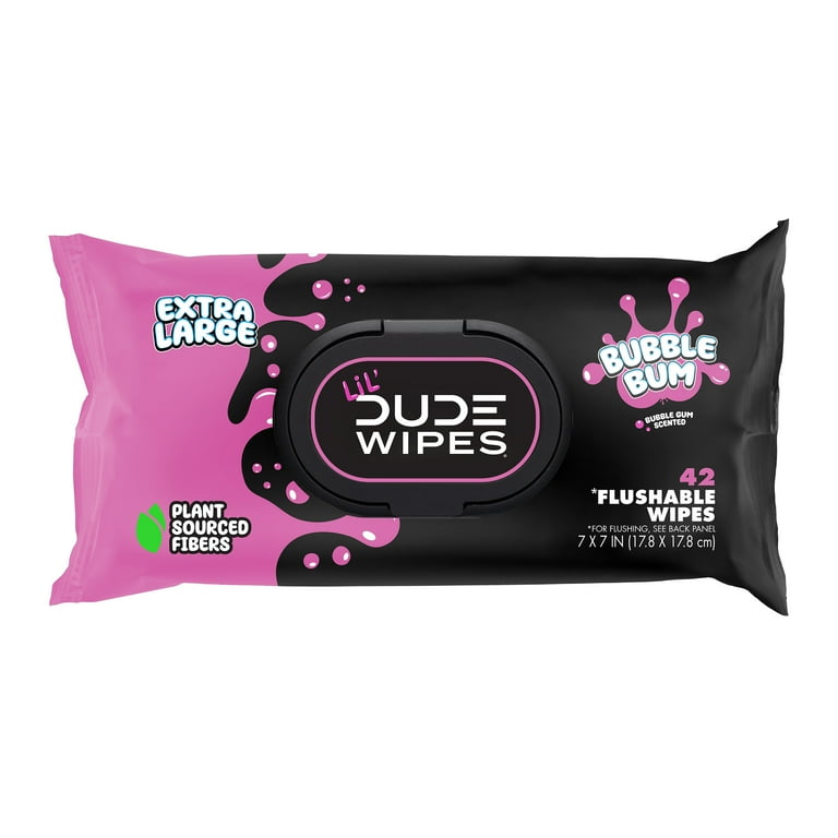 LiL' DUDE Wipes, Extra Large Bubble Bum Flushable Wet Wipes for Kids, Bubble Gum Scent, 42 Count, 1 Pack (Select for More Options)