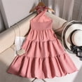 thumbnail image 3 of WOYY Girls Fashion Sleeveless Halter Dress Tiered Swing Party Midi Dress, Pink, Sizes 7-12, 3 of 8