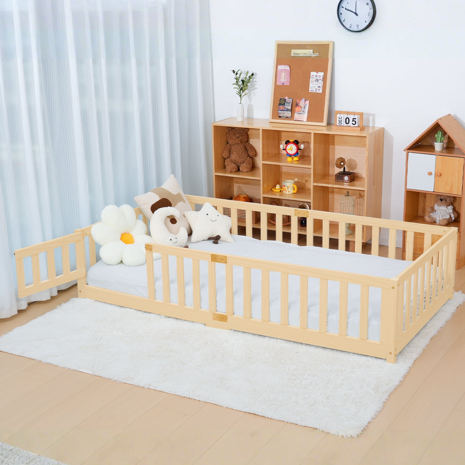 MOPHOTO Toddler Floor Bed,Montessori Floor Frame with Rails & Lockable Door,Twin Size Kid Beds for Toddlers 1-3 Years Old(Nature)