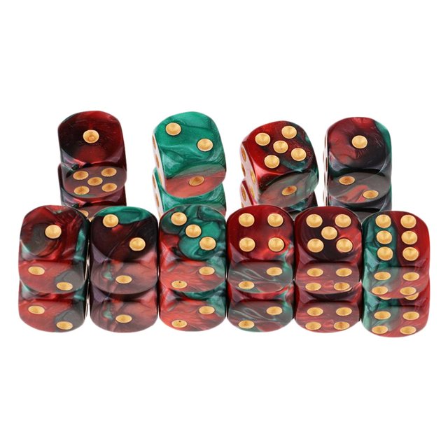 20 Piezas de Color de 6 Lados de 16 Mm D6 Juego de Dados de Juego Rojo + Verde con Pepitas de Oro Macarena Juego de dados translúcidos