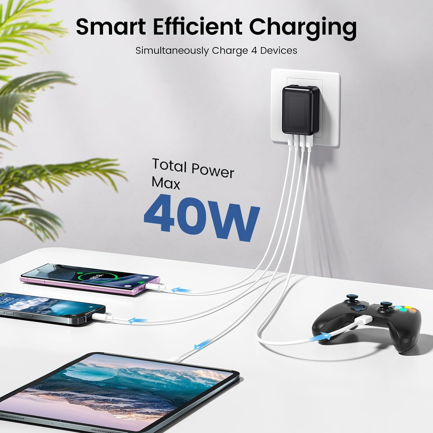 RGHJAR-2Pack 40W Flat USB C Wall Charger, 4Ports Foldable & Slim Fast Charging Blocks, Multiport Type C Cube Box Power Adapter Plug, USB C Charger Block Brick for iPhone Samsung Tablet