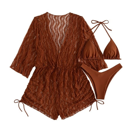 Hwmodou Tankini Swimsuits Women Modest Swim Vest Mesh Three Piece Sexy Backless Two Piece Bikini Bathing Suits Brown