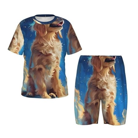 Luyuia Starry Sky Cloud Dog Print Girls  2-Piece Tie-Dye Pajama Set  Cute Summer Loungewear with Shirt and Tank Shorts Nightwear-Small