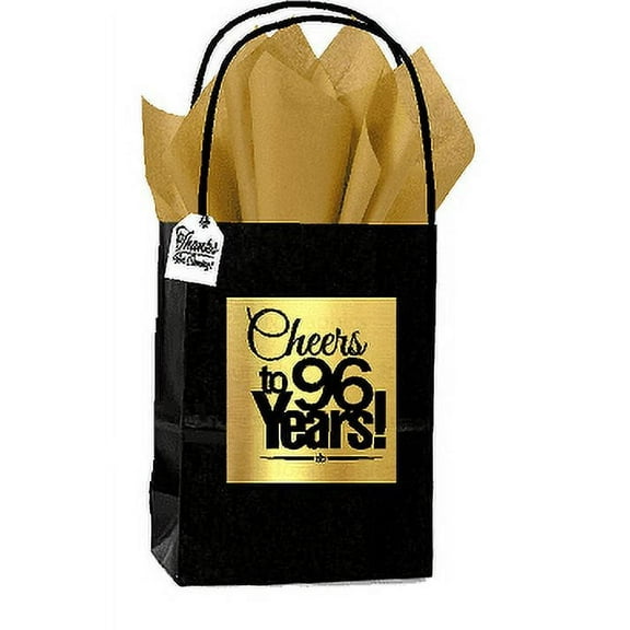 Black & Gold 96th Birthday / Anniversary Cheers Themed Small Party Favor Gift Bags with Tags -12pack
