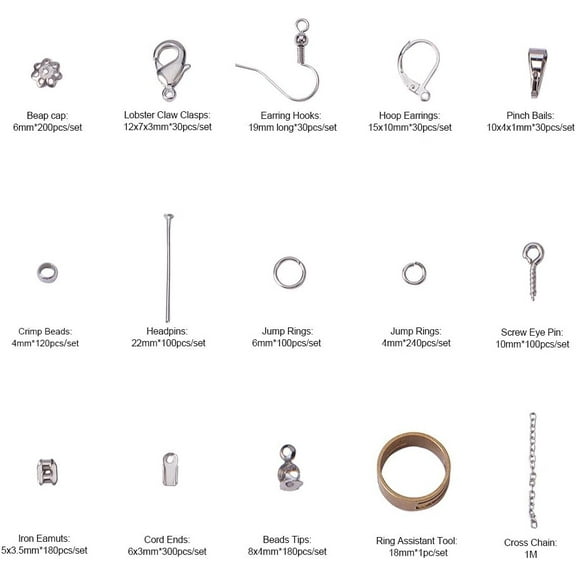 1642 Pcs Jewelry Making Findings Kits with Cord Ends Lobster Claw Clasps Jump Rings Headpins Earring Bead Caps Pinch Bails Twist Chain Links 174x100x21.5mm Silver