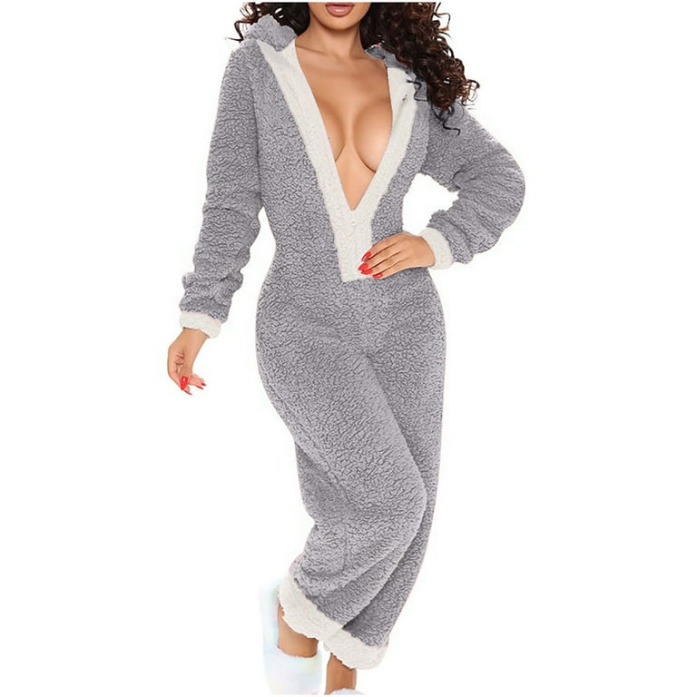 Womens Sexy Deep V-neck Long Sleeve Onesies Loungewear Comfy Cozy Hooded Loungewear  Pajamas 