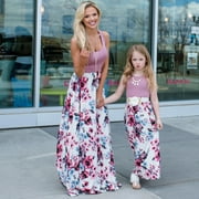 HAWEE Mommy and Me Matching Maxi Dresses, Sleeveless Top Bohemia Floral Printed Matching Outfits with Pockets