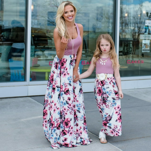 HAWEE Robes Maxi Assorties Maman et Moi, Haut Sans Manches Bohème à Imprimé Floral Tenues Assorties avec Poches