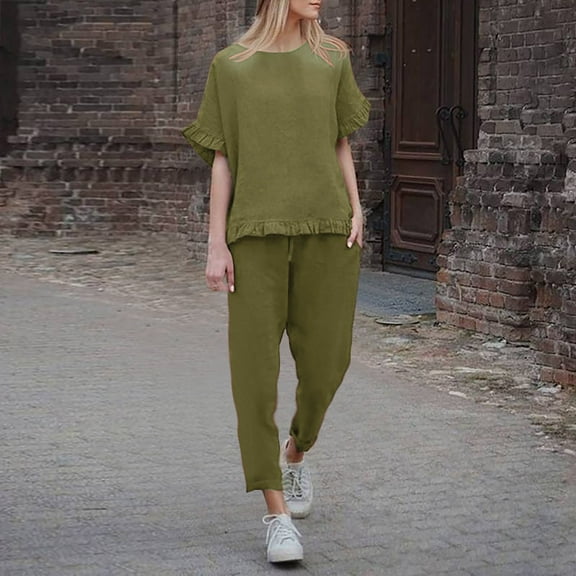 Idoravan Women Sets Clothing Clearance 2PC Fashion Womens Round Neck Solid Short Sleeve Blouse  Loose Pants Sets