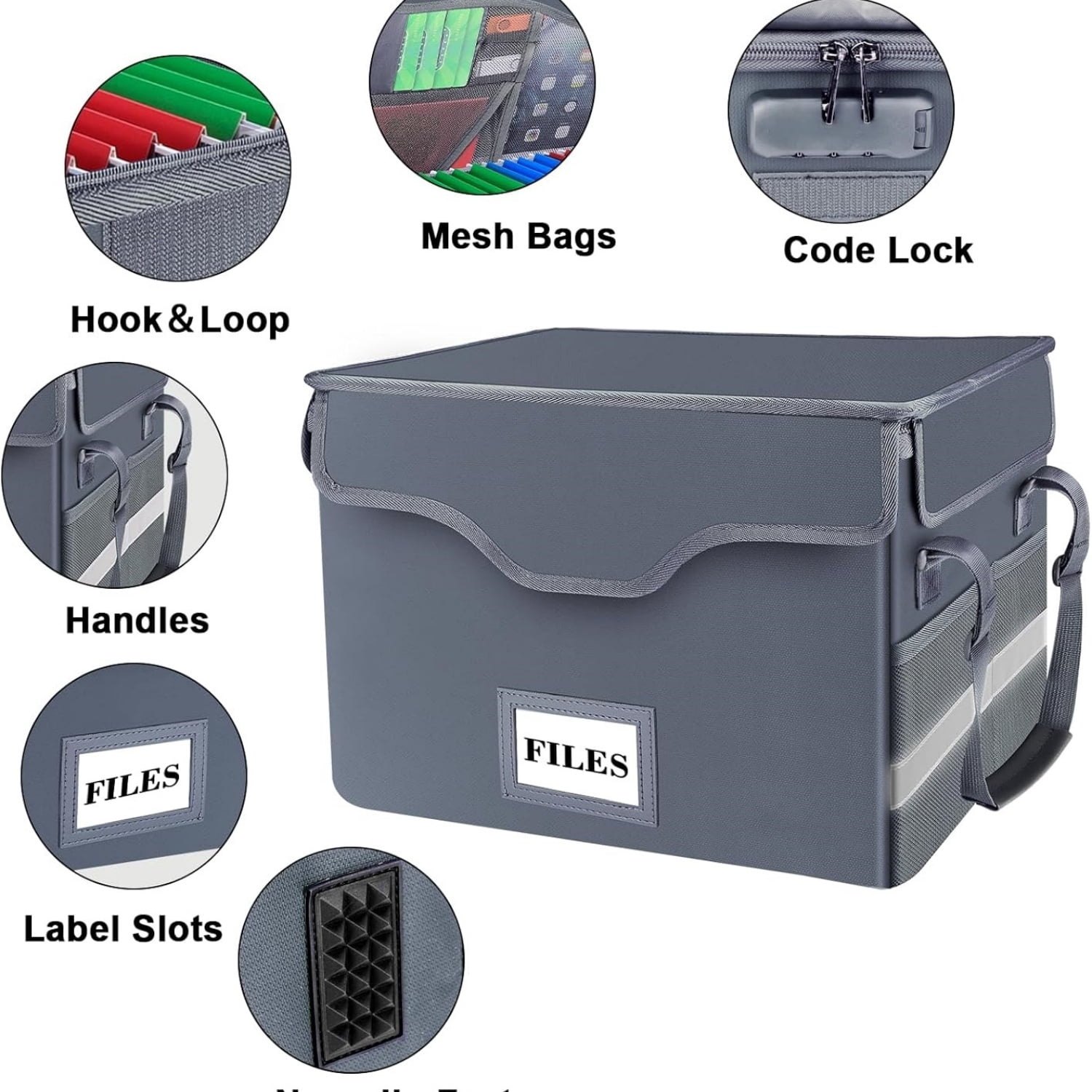 Fireproof Document Box with Lock,File Storage Organizer with Zipper Pockets,Collapsible Portable File Box Home Office Safe Filing Cabinet with Handle for Hanging Letter/Legal Folders,Gray