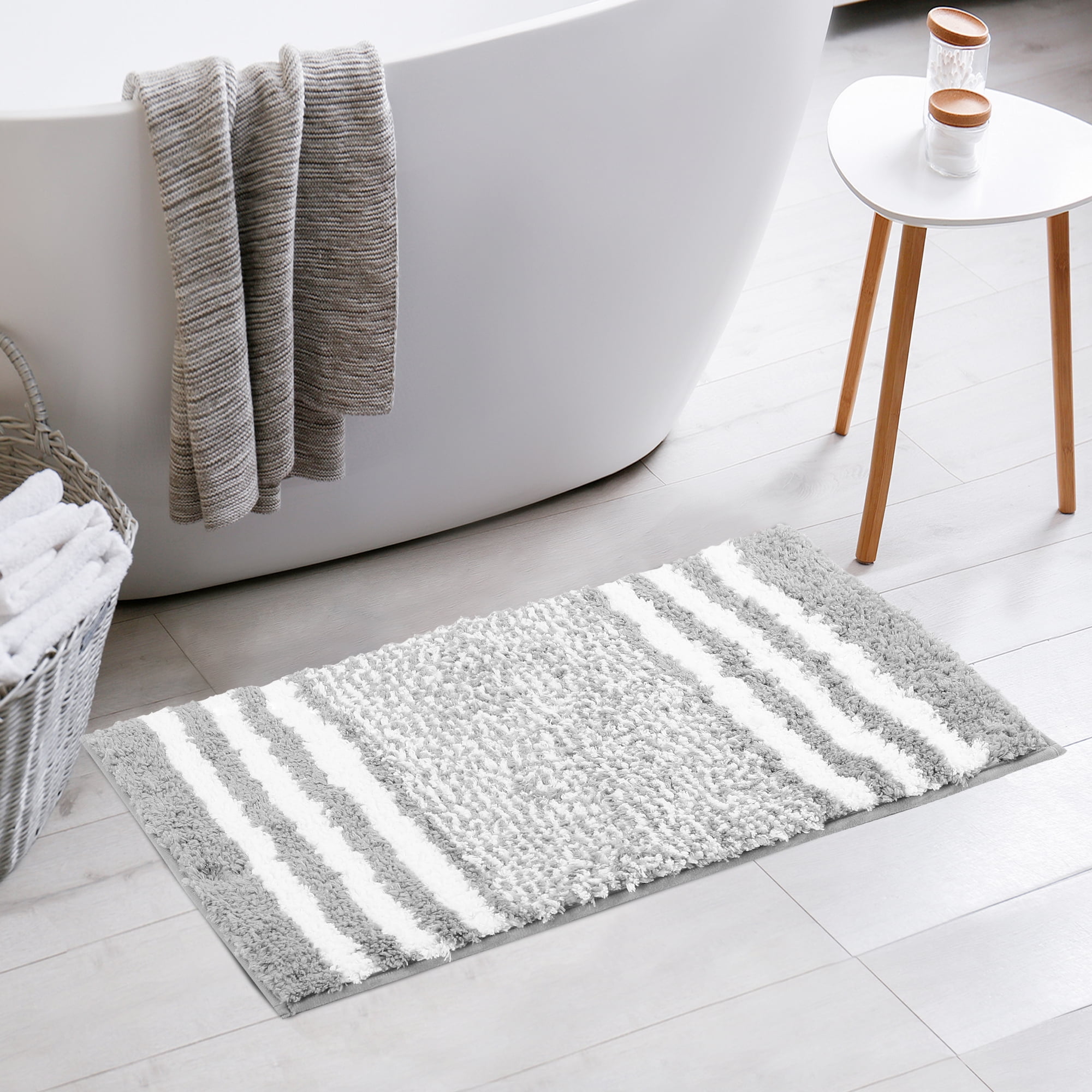 Unique Bargains 2 Pcs Microfiber Fluffy Striped Bath Rugs Non-Slip Absorbent Floor Mat Grey/Blue 20" x 32"