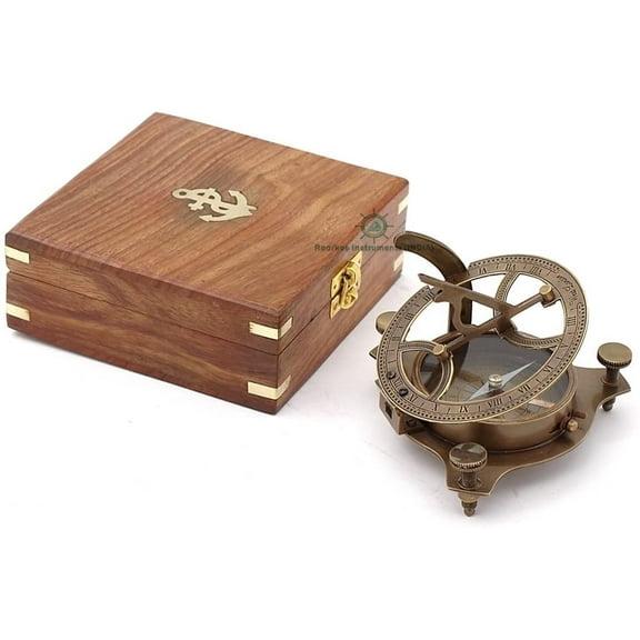 Roorkee Instruments India  5" Bronze Finish Solid Brass Directional Sundial Compass with Wooden Box