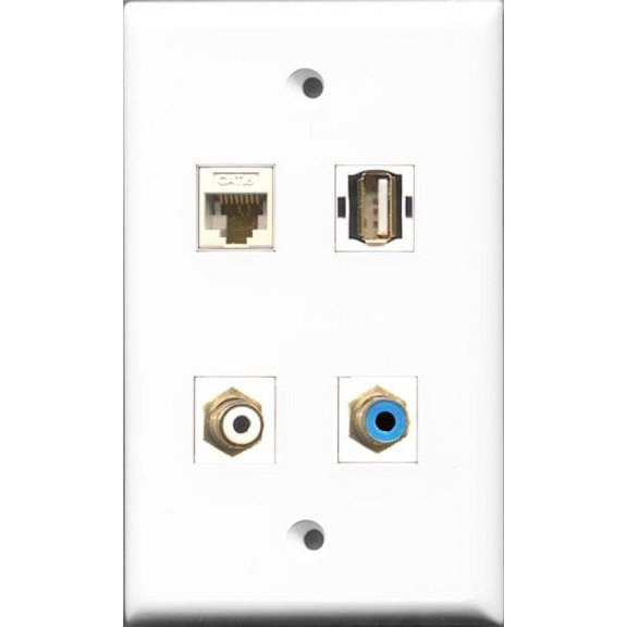 RiteAV 1 Port RCA White and 1 Port RCA Blue and 1 Port USB A-A and 1 Port Cat6 Ethernet White Wall Plate