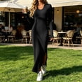 thumbnail image 6 of Tqcoqu Women's Solid Ribbed Knit Maxi Dresses,Lapel V Neck Long Sleeve Slim Fit Dress,Side Slit Business Elegant Maxi Dress,Black Women's S-XXL, 6 of 7