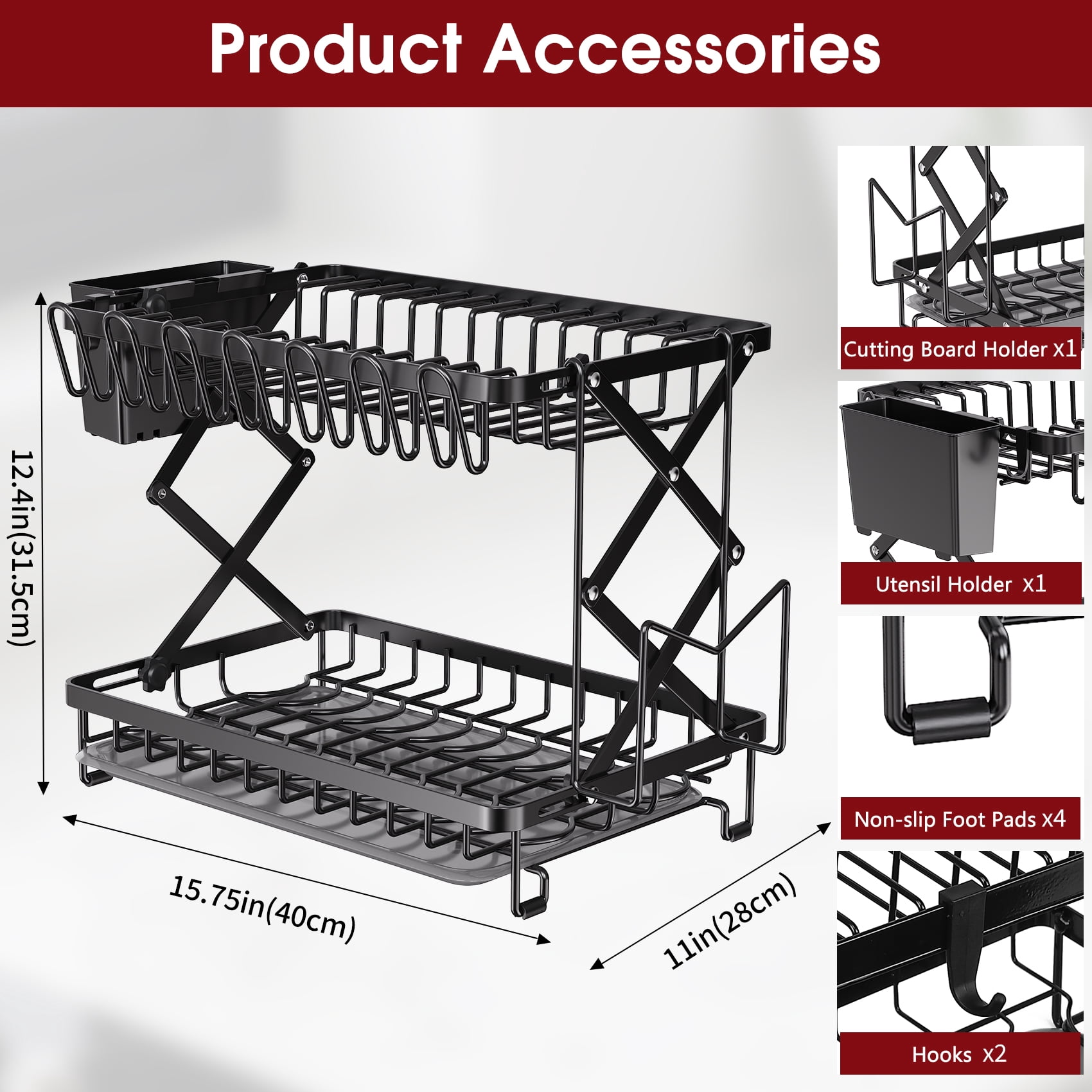 Glovv 2-Tier Collapsible Dish Drying Rack, Large Dish Racks for Kitchen Counter, Dish Drainer Sink Organizer with Utensil Holder for Dishes, Spoons and Forks, Black