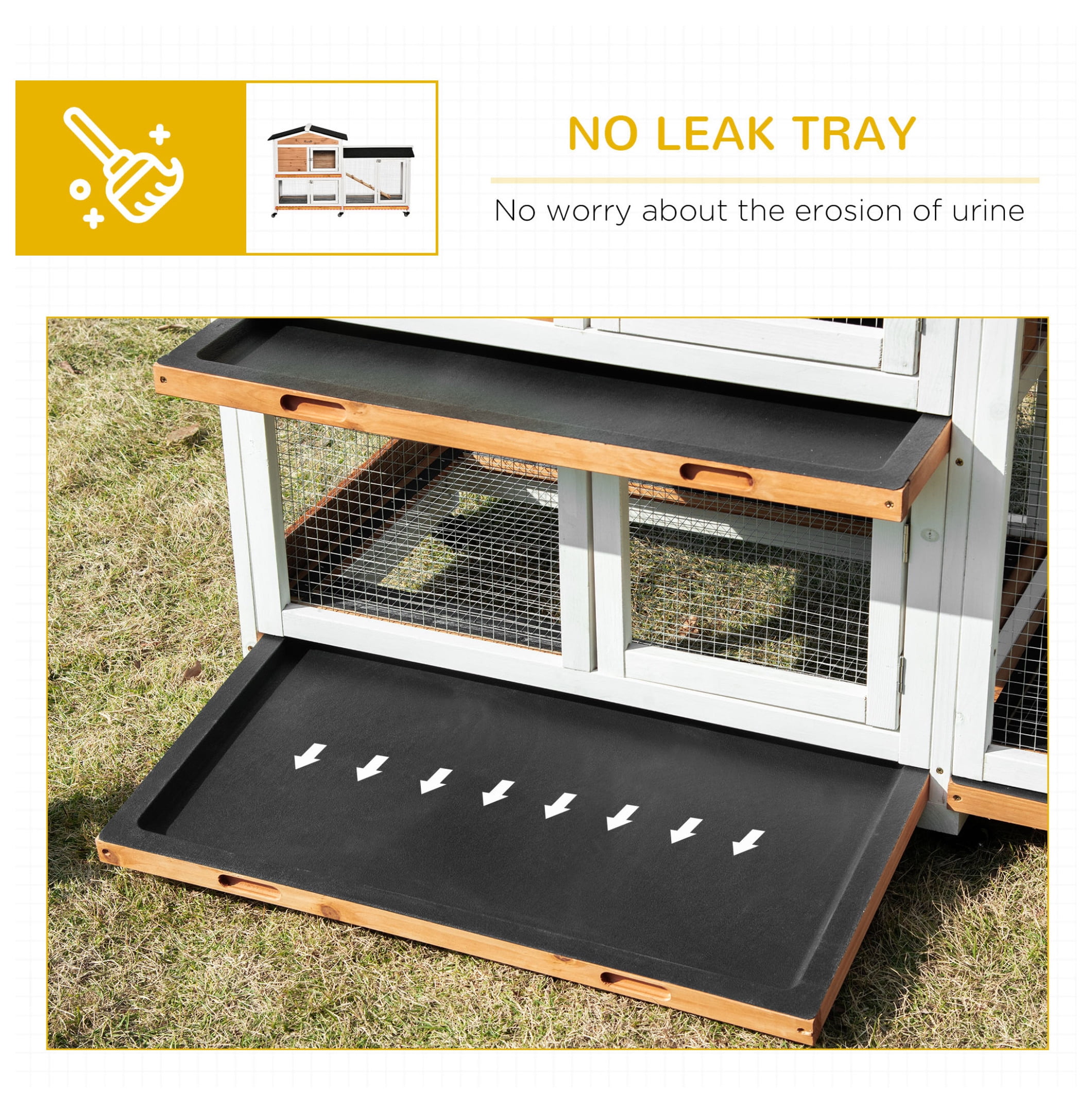 PawHut 62" Rabbit Hutch, Wooden Bunny Hutch, Guinea Pig Cage, Small Animal Enclosure with Wheels, Run Area, Removable Tray, Asphalt Roof, Lockable Doors and Ramp, Nature Wood