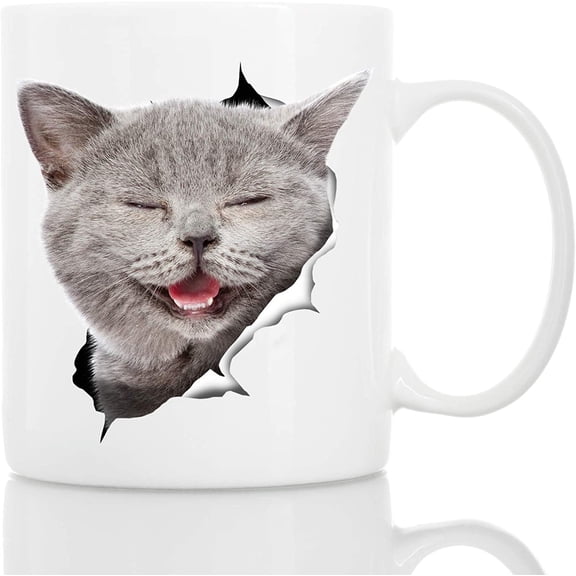 Laughing Grey Cat Coffee Mug - Ceramic Funny Coffee Mug - Perfect Cat Lover Gift - Cute Novelty Coffee Mug Present - Great Birthday or Christmas Surprise for Friend or Coworker, Men and Women (11oz)