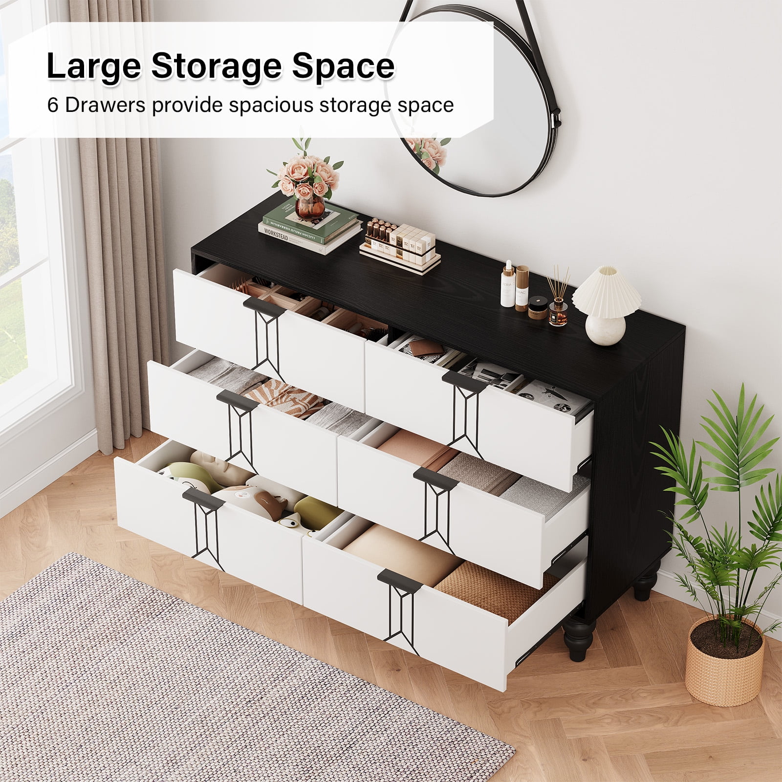Homhougo Dresser for Bedroom 6 Drawer, Wood Organizer Storage Cabinet with Vintage Pattern Design, Chest of Drawers for Closet, Living Room, Hallway, Nursery, Kids Bedroom, Black+White
