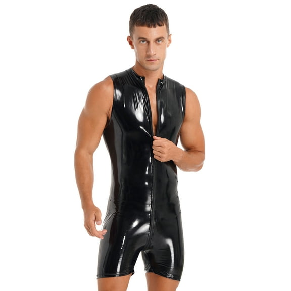 Doomiva Mens Sleeveless Patent Leather Jumpsuits Wet Look Zipper Bodysuit Club Pole Dancing Costume Black 3XL