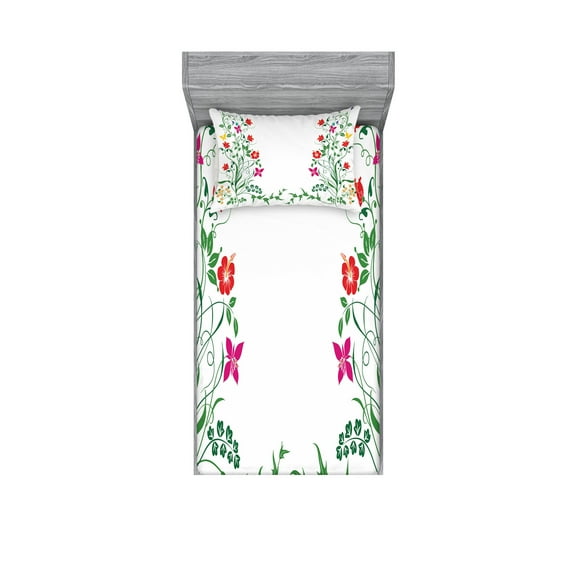 Ambesonne Flower Fitted Sheet & Pillow Sham Set, Floral Leaves Buds Ivy, Twin, Multicolor